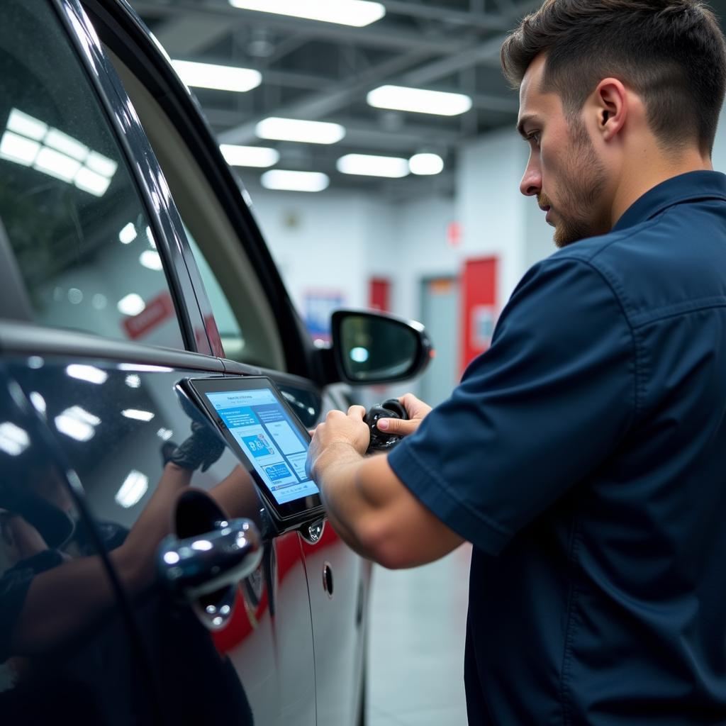 Modern diagnostic equipment being used on a car in a Dubai repair shop.