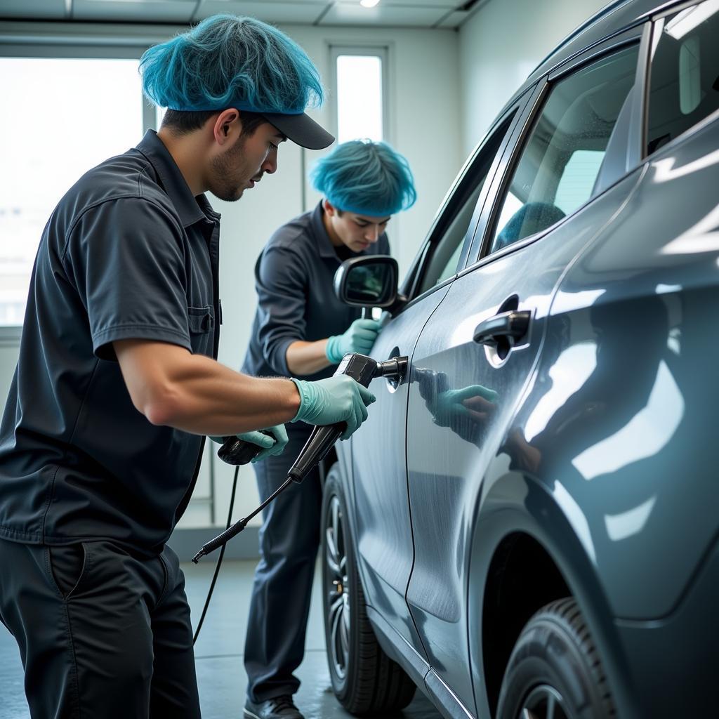 Expert Car Repainting Technicians at Work