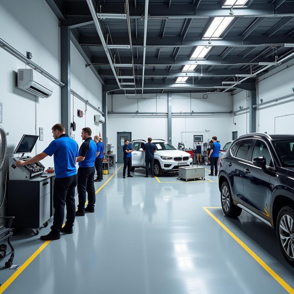 Interior of a car AC service garage in Fife