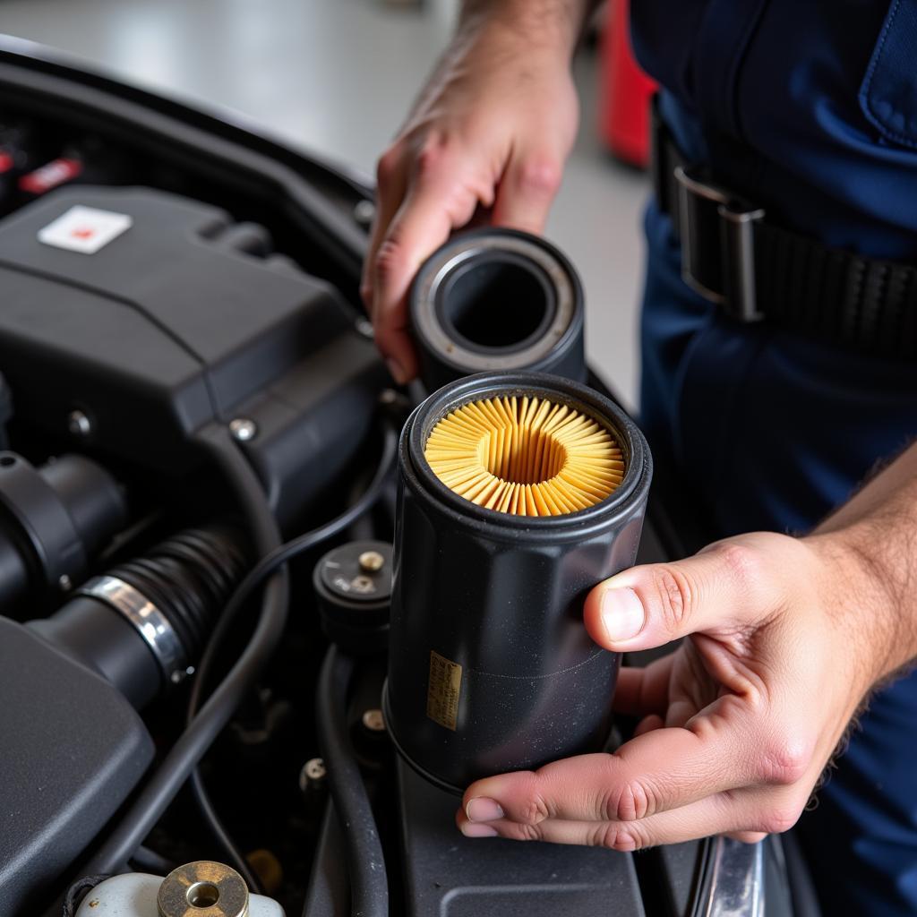 Fixing a Car Oil Leak: Mechanic replacing a faulty oil filter.