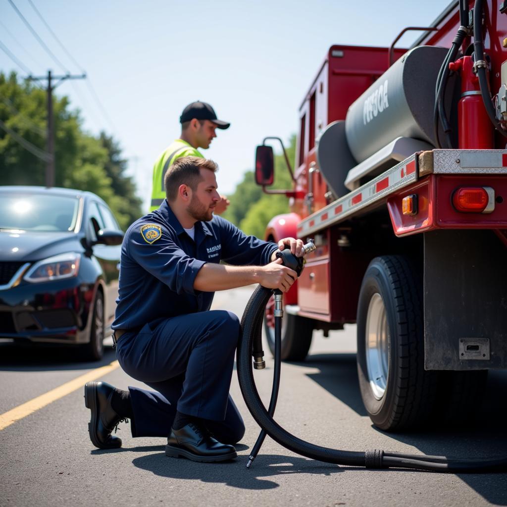 A fuel delivery technician preparing to deliver gas to a stranded vehicle.