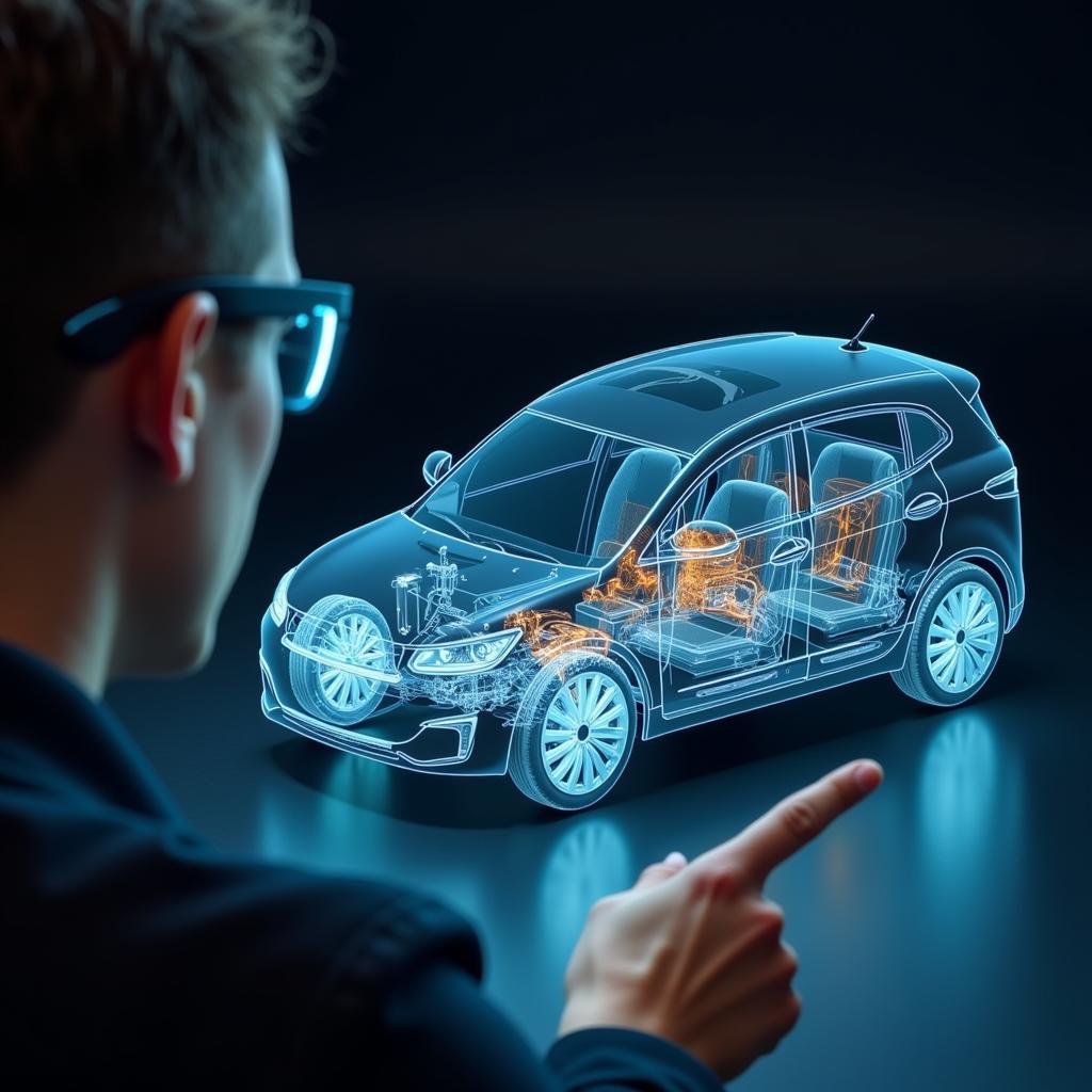 Technician using augmented reality to diagnose an Apple Car