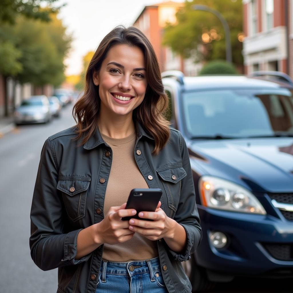 Satisfied Car Owner Managing Car Maintenance with Phone