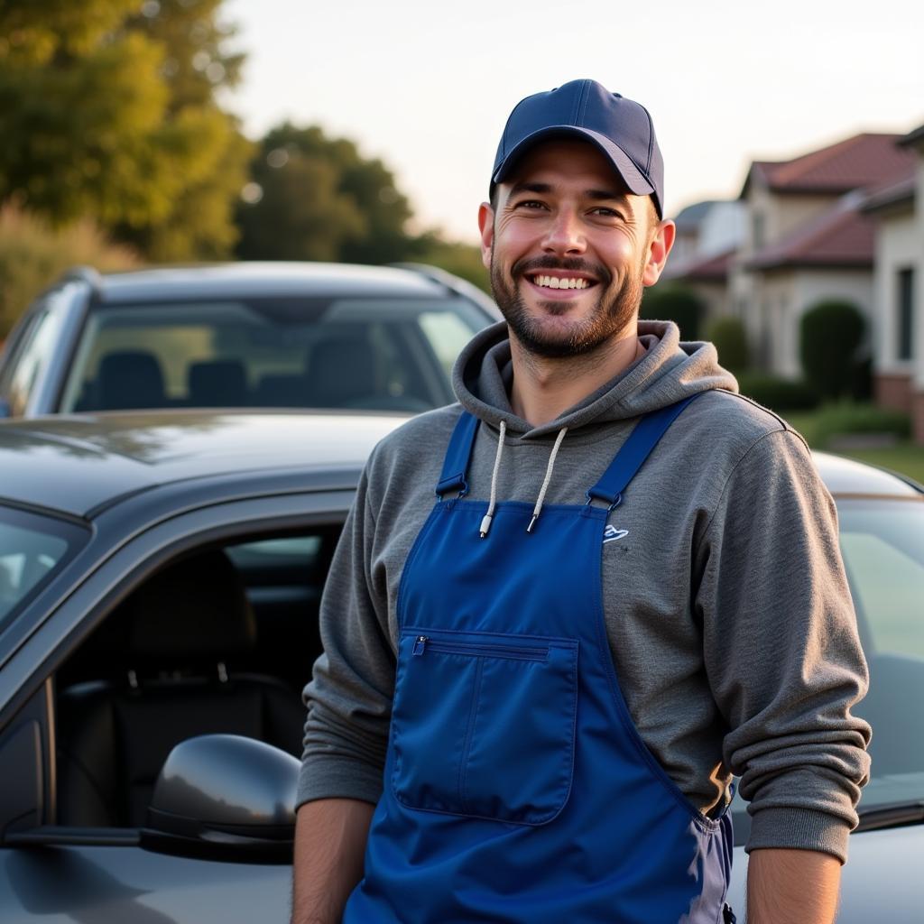 Satisfied Customer with Repaired Car after Mobile Service