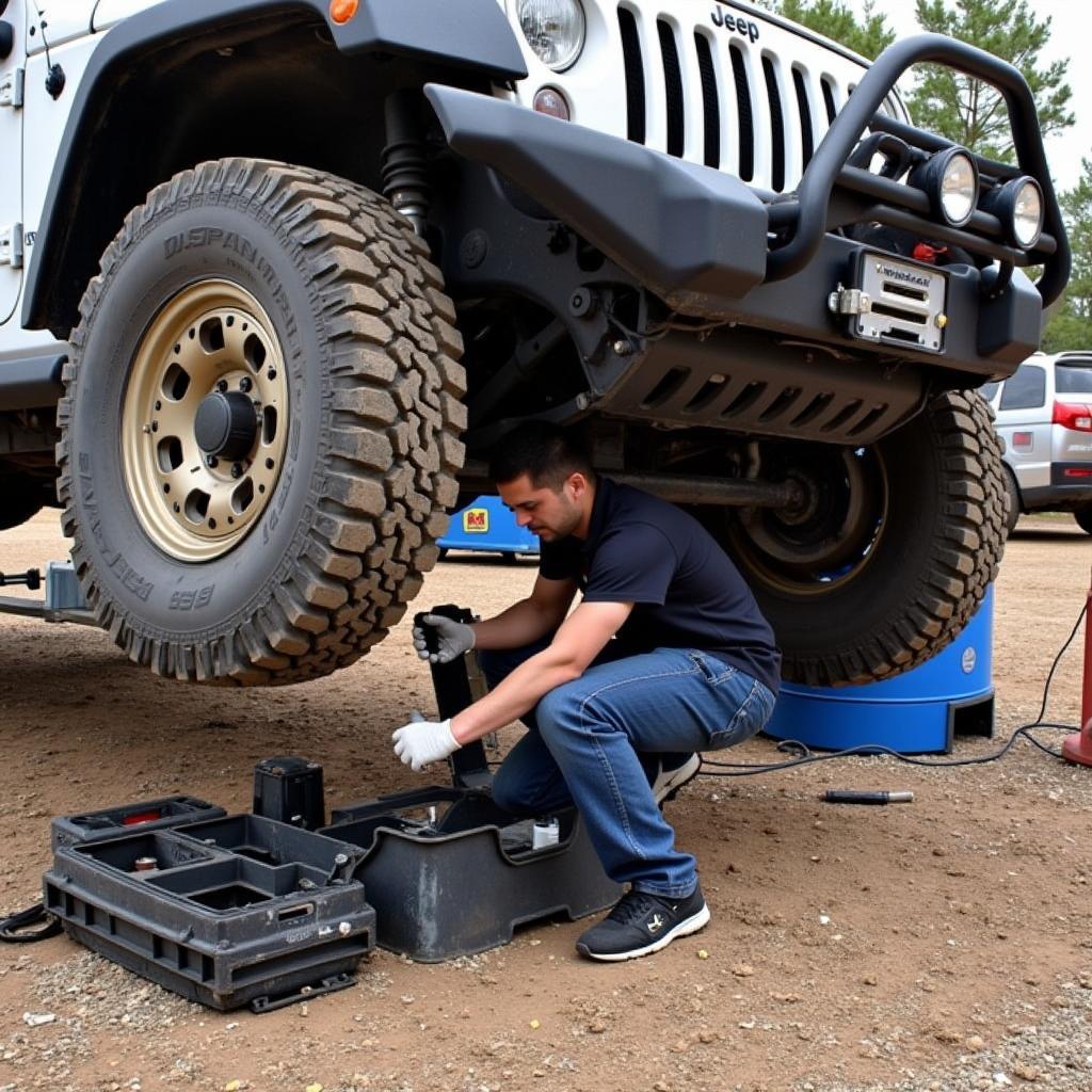 Jeep Wrangler undergoing off-road maintenance