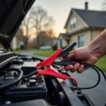 Jump starting a car battery in Rhode Island using jumper cables.