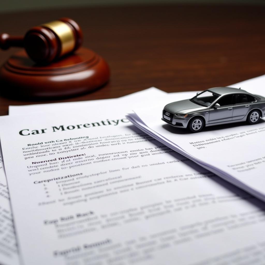 Legal documents and a gavel representing a car damage claim against a garage