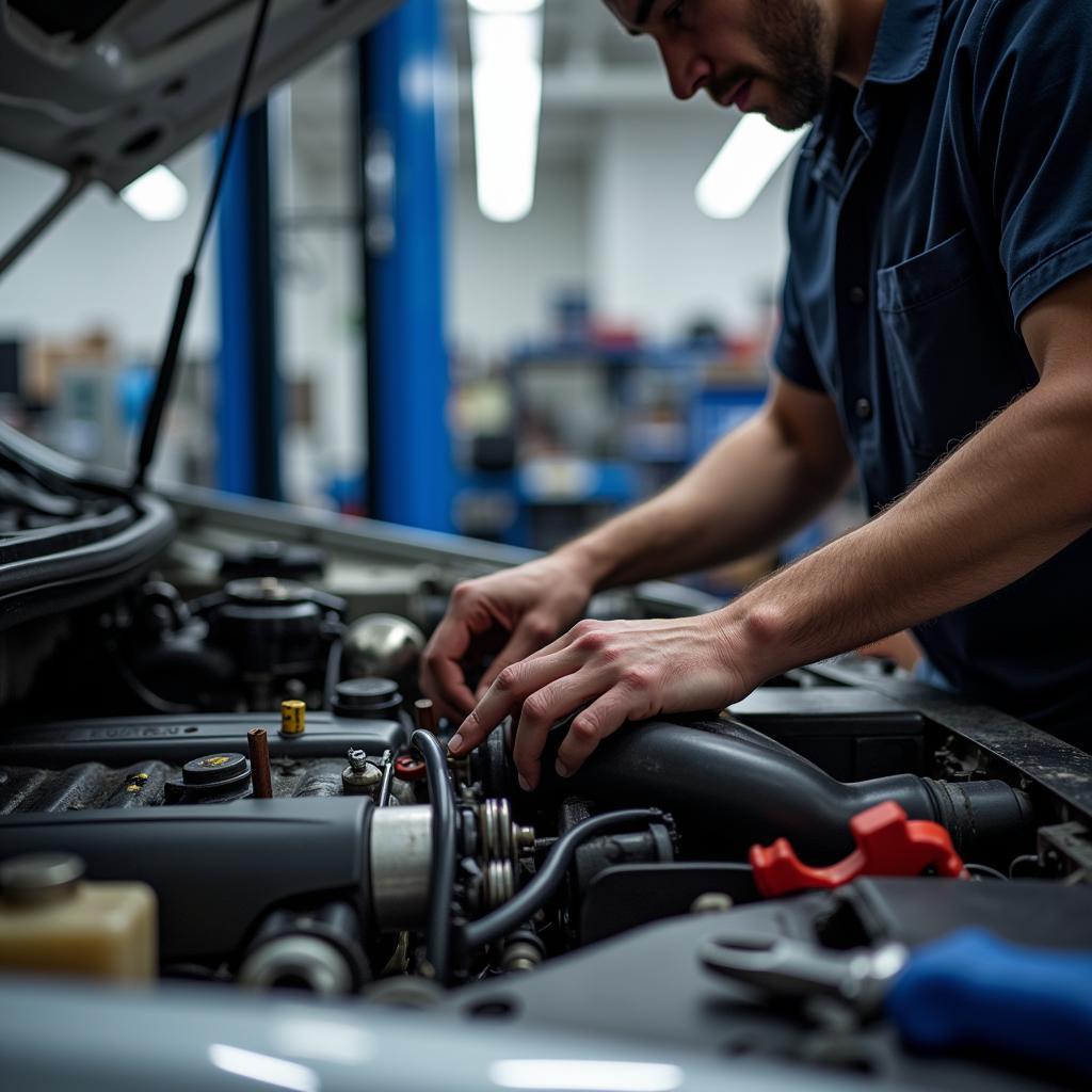 Mechanic working on a car engine in a local car service garage