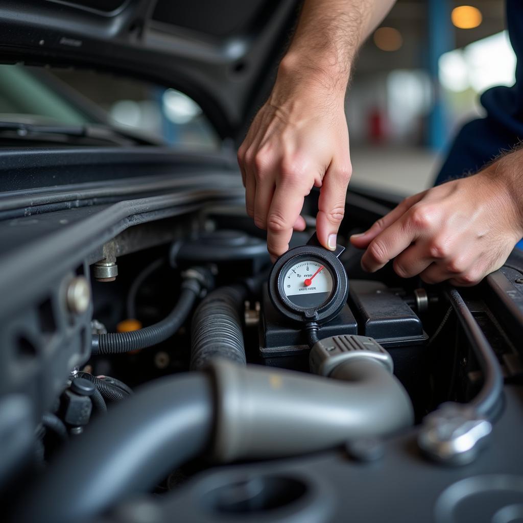 Mechanic performing routine maintenance on a vehicle in a local car service garage.