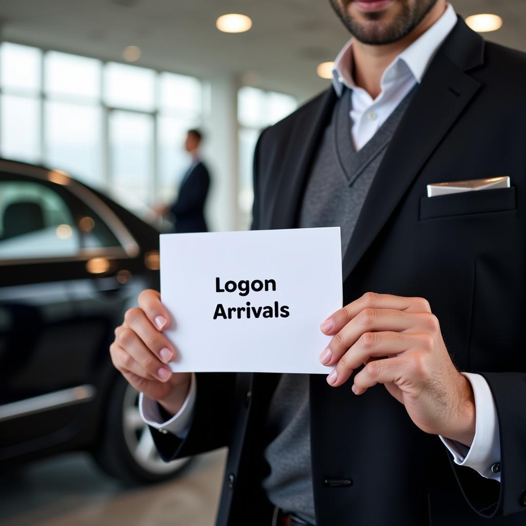 Logan Airport Car Service Pickup: A chauffeur greets passengers at Logan Airport arrivals with a personalized sign, ready to escort them to their waiting car service.