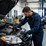 Mechanic working on a car in a Lombard, IL auto repair shop