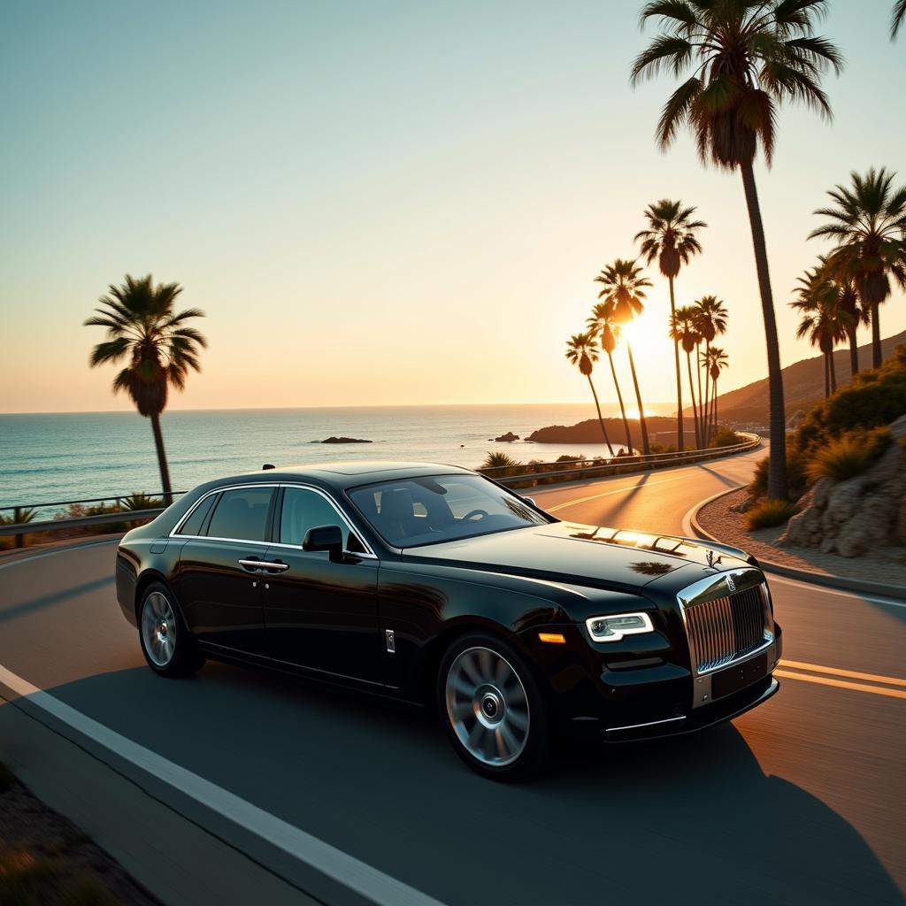 A luxury car driving along a scenic highway from FLL to Miami, with the ocean in the background.