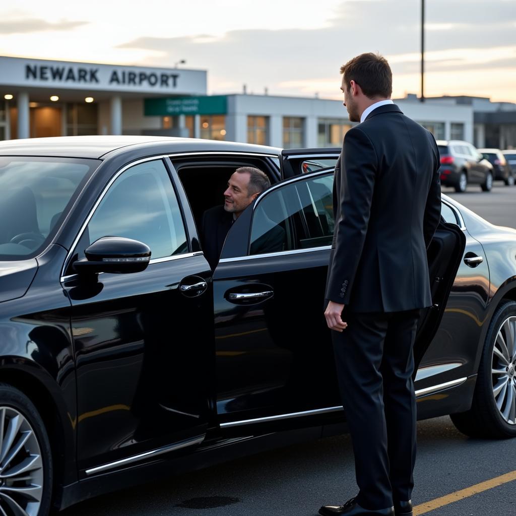 Luxury Car Service from NYC to Newark Airport: A chauffeur opening the door of a high-end sedan for a passenger with Newark Airport in the background.