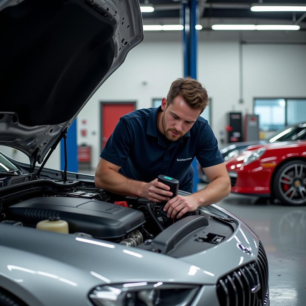 Mechanic inspecting a luxury car in a Hawthorn service centre