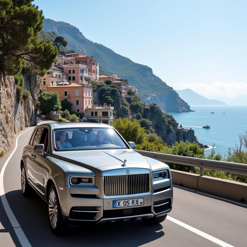 Luxury SUV driving along the Amalfi Coast road to Positano