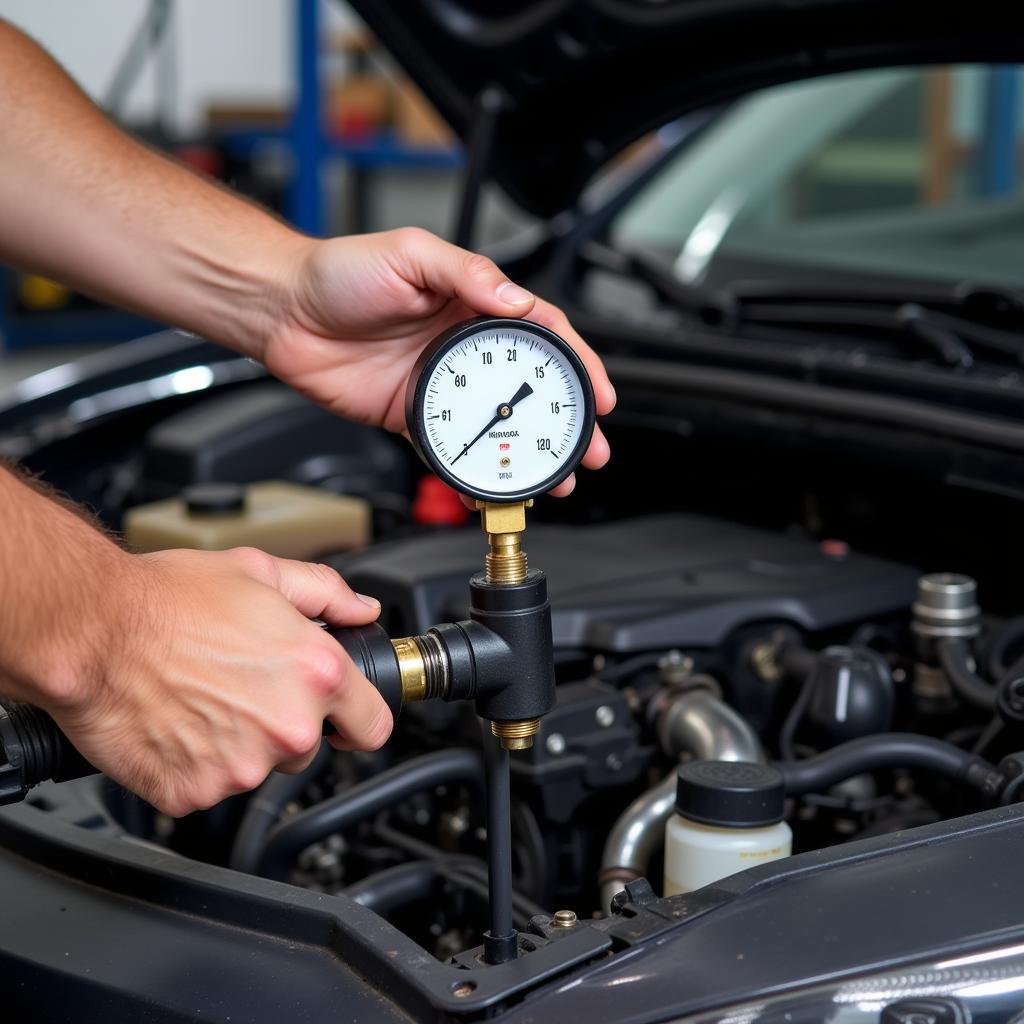 Mechanic Checking Car AC Pressure