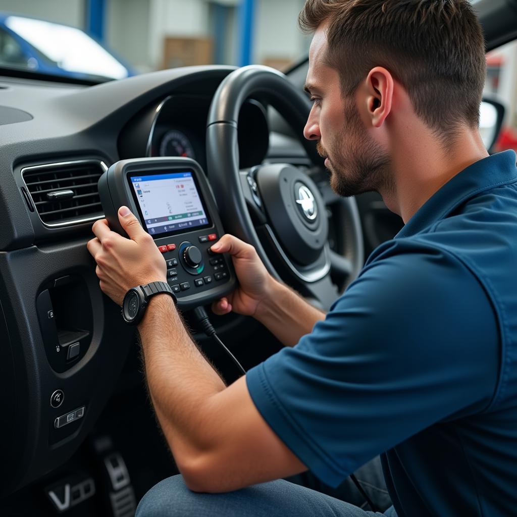 Mechanic Inspecting a Car's AC System with Diagnostic Tools