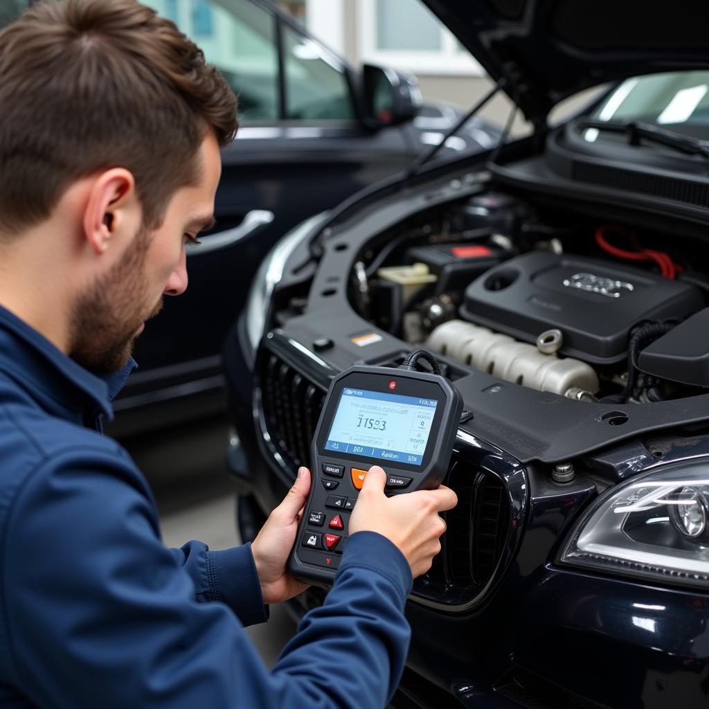 Mechanic Checking Car with Diagnostic Tool