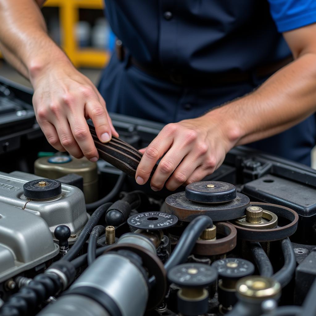 Mechanic inspecting a car engine during a service