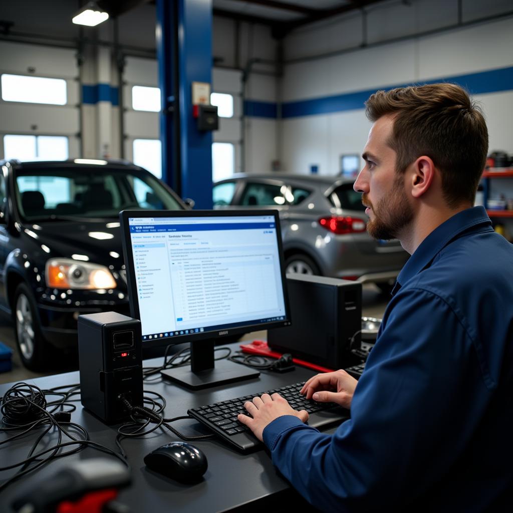 Mechanic Checking Car History Database