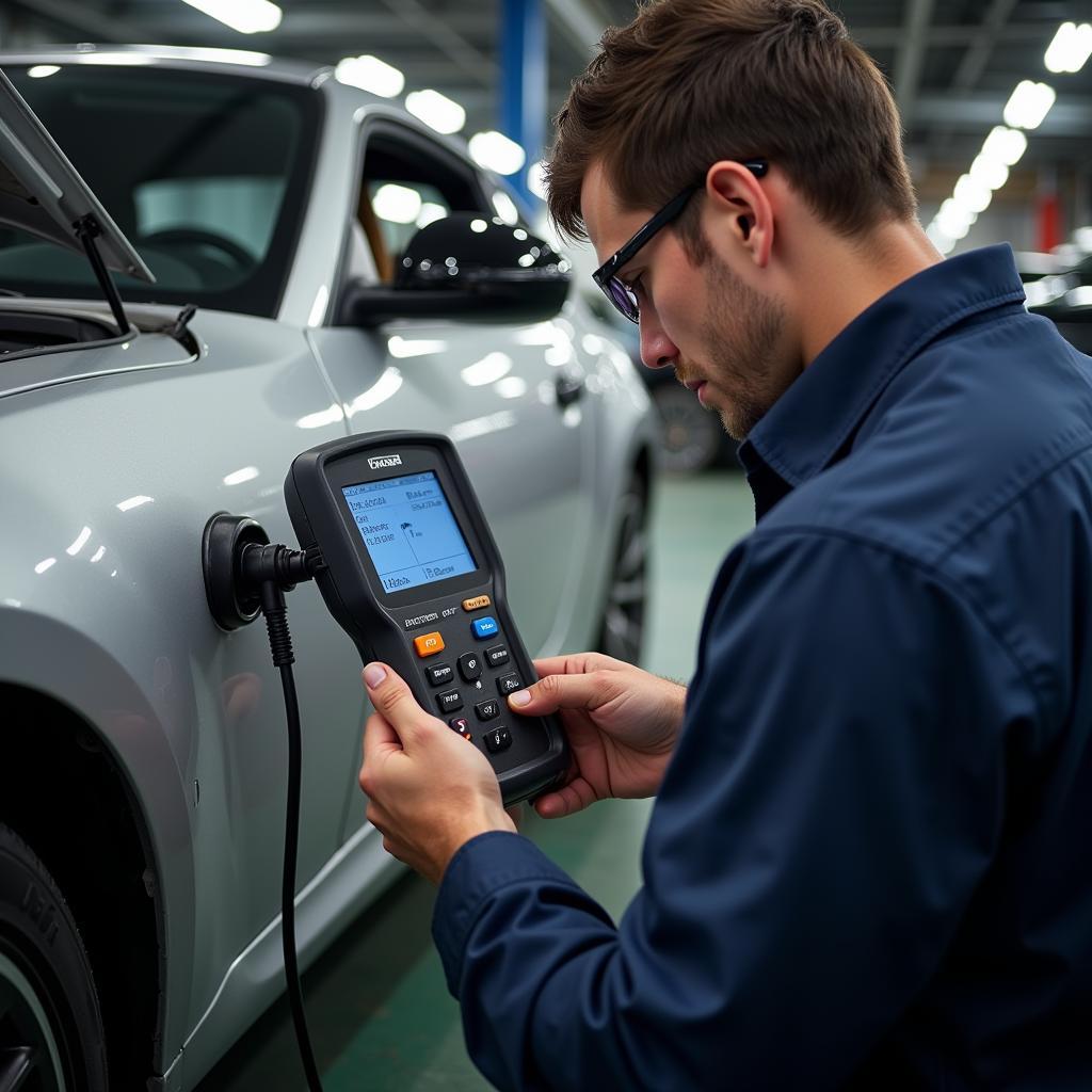 Mechanic Checking Car Lights with Diagnostic Tool