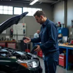 Mechanic Checking Car in Nearby Garage