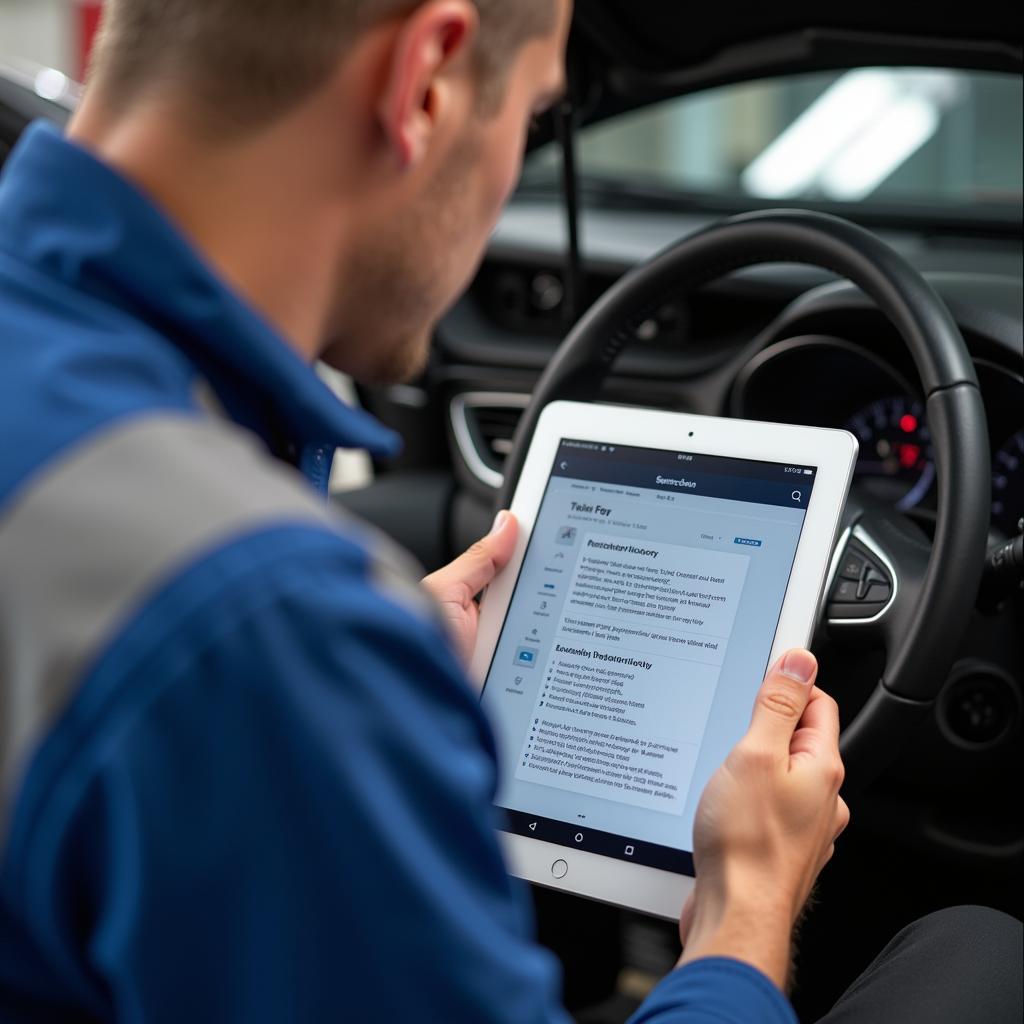 Mechanic Checking Car Service History on Tablet