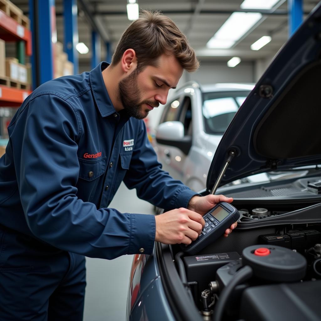 Mechanic Diagnosing Car Problem with Diagnostic Tools