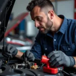 Mechanic diagnosing car problem using diagnostic equipment in Killeen