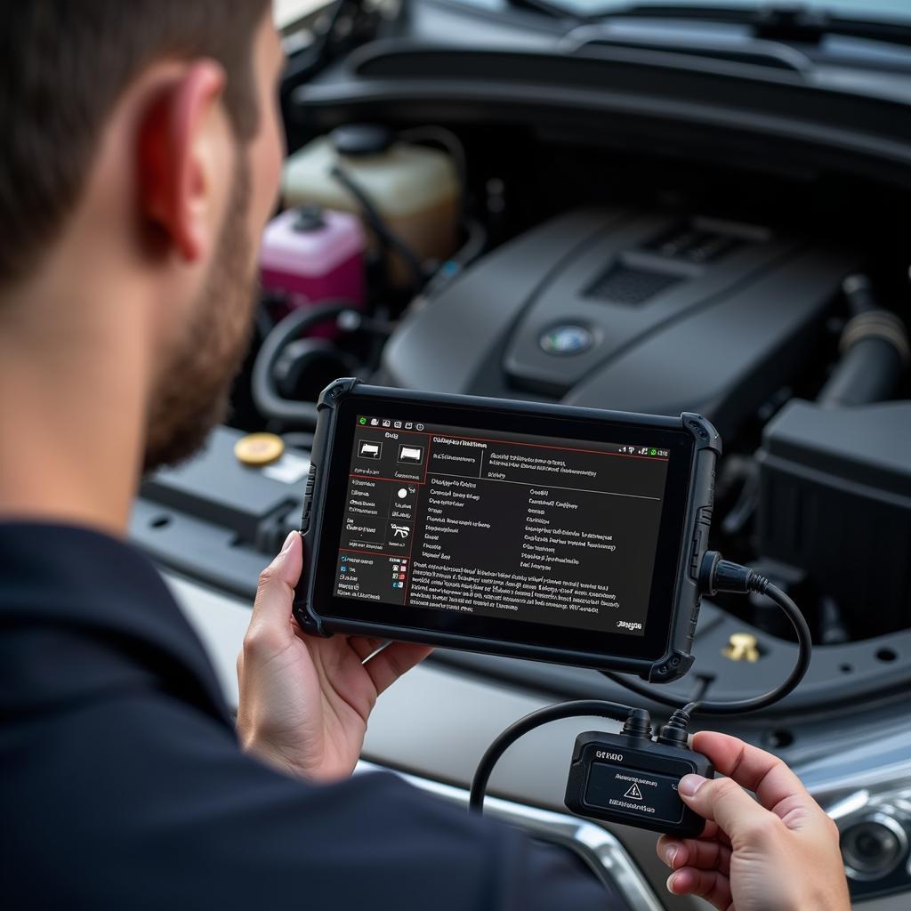 Mechanic Diagnosing Car Using a Diagnostic Scanner