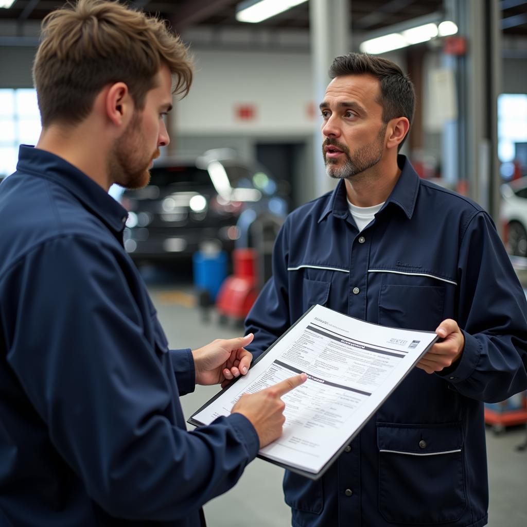 Mechanic Explaining an Advisory Notice to a Car Owner