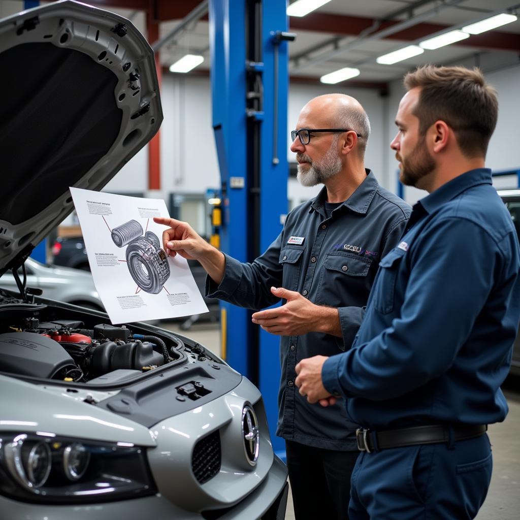 Mechanic explaining different car repair options to a customer