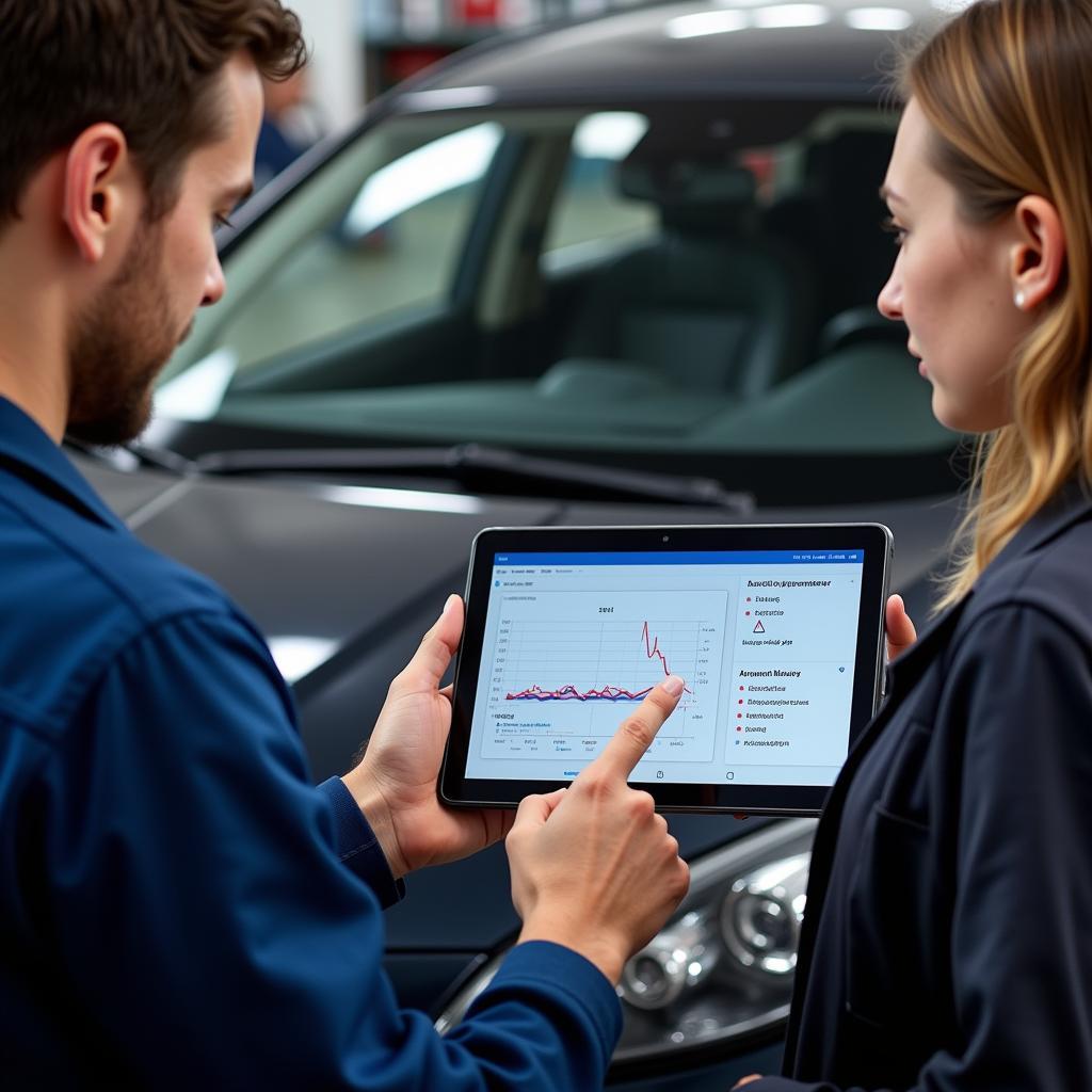 Mechanic Explaining Diagnostic Results to Customer