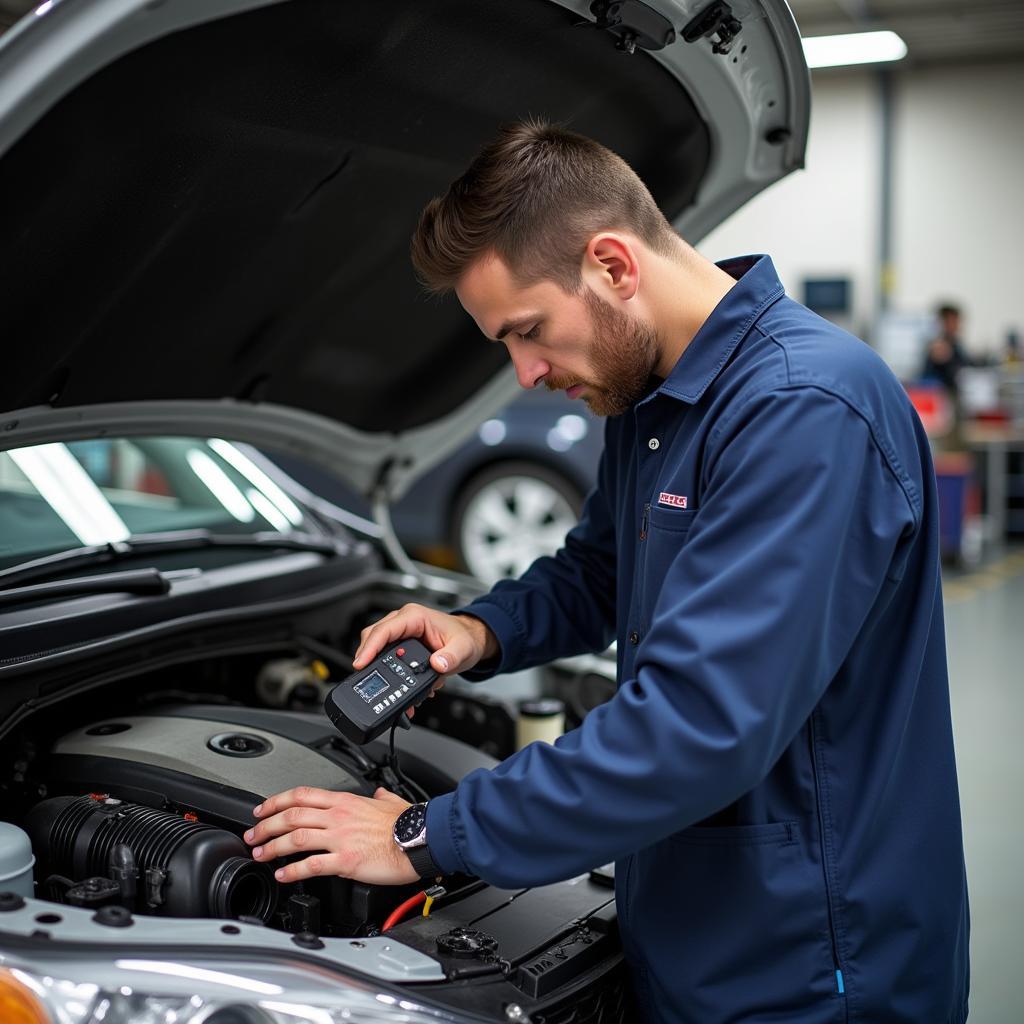 Mechanic inspecting a car engine for faults after a service.