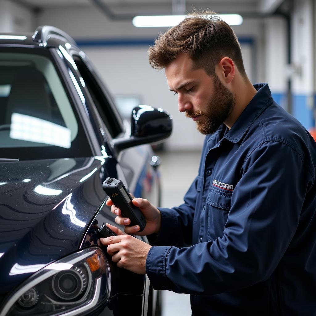 Mechanic inspecting a new car during a service appointment