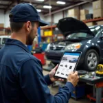 Mechanic ordering car parts online using a tablet