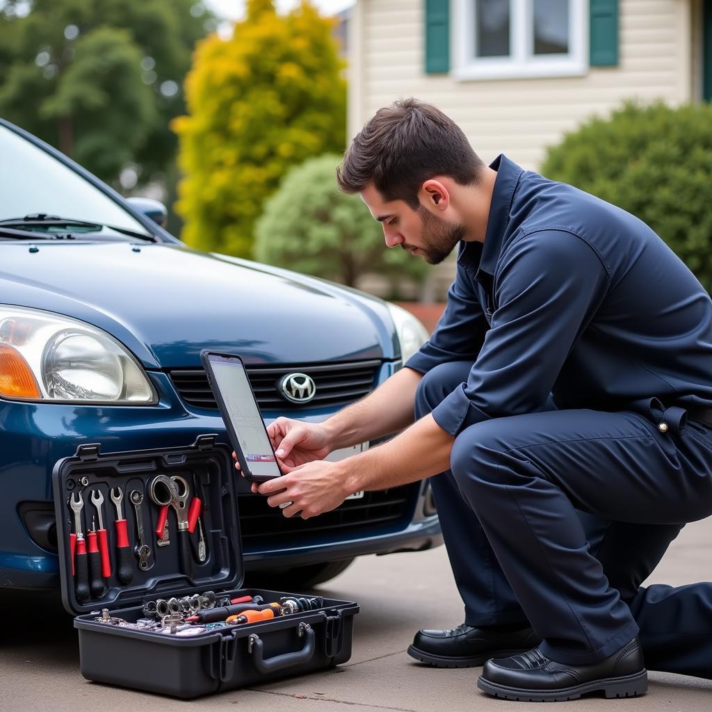 Mechanic performing an at-home car service on a vehicle parked in a driveway.