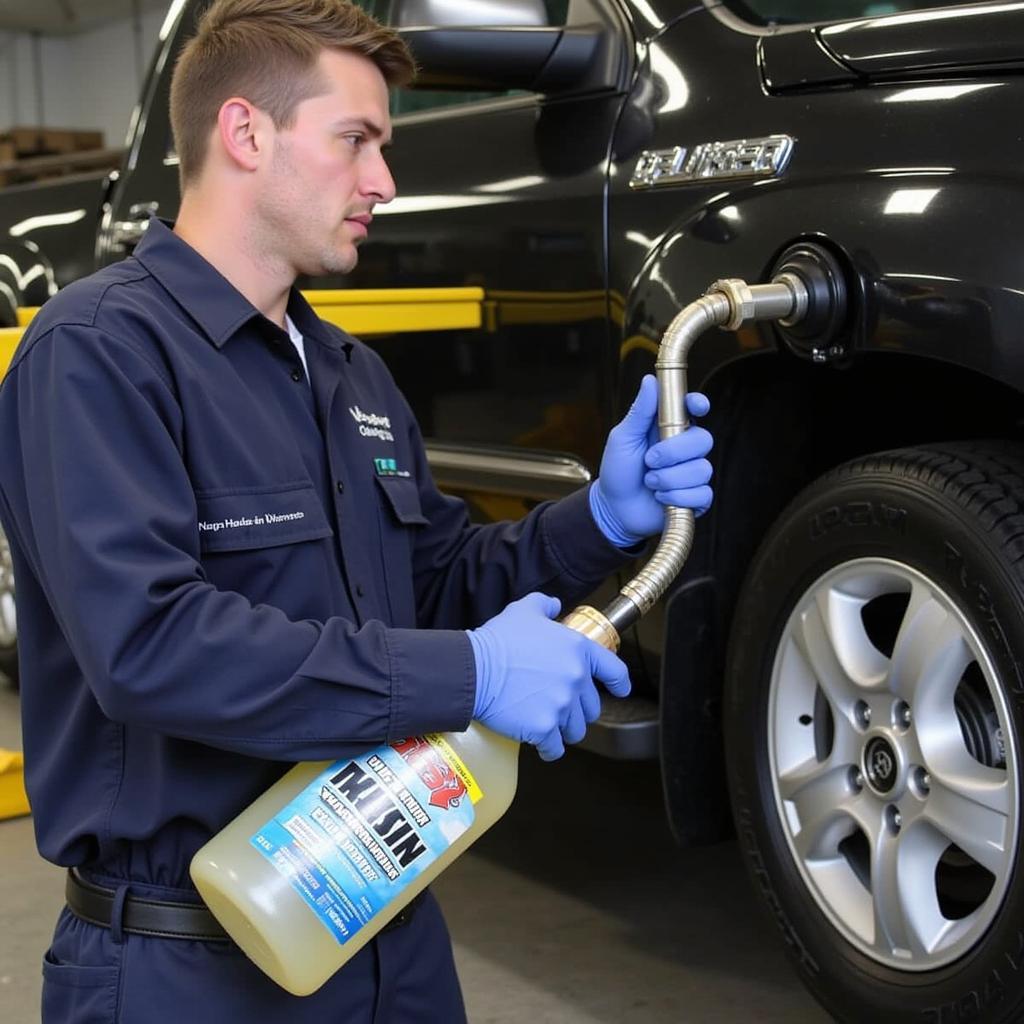 Mechanic Performing Car Coolant Flush