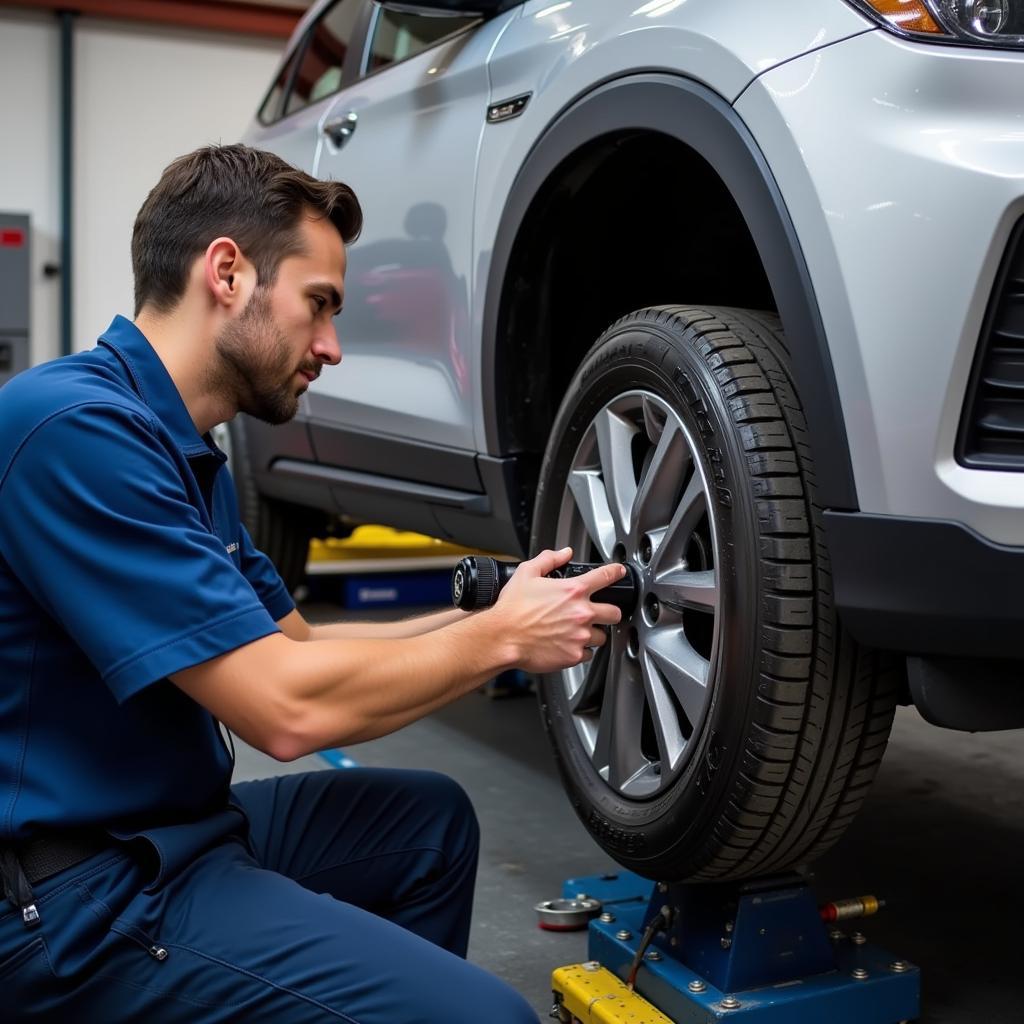 Mechanic Performing Wheel Alignment