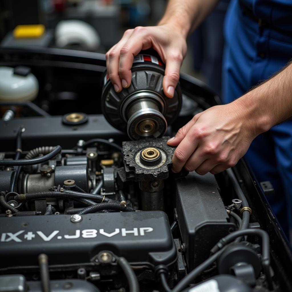 Mechanic performing car engine repair