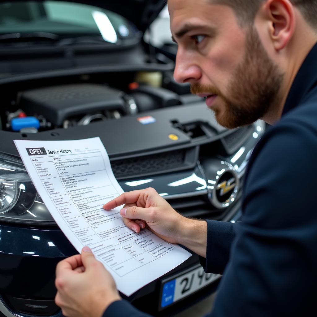 Mechanic Reviewing Opel Service History