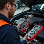 Mechanic Testing Car Battery With Multimeter