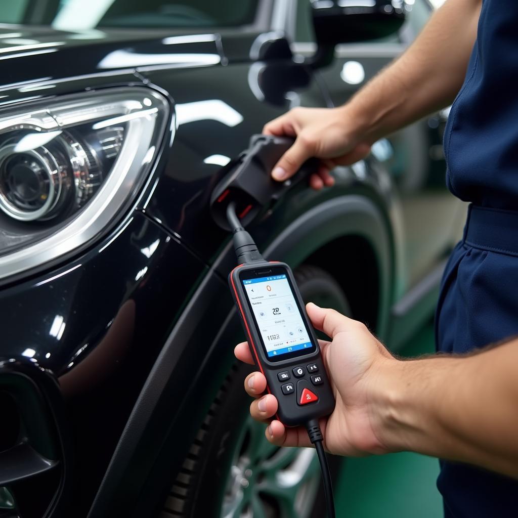 Mechanic using a diagnostic tool during car checking service