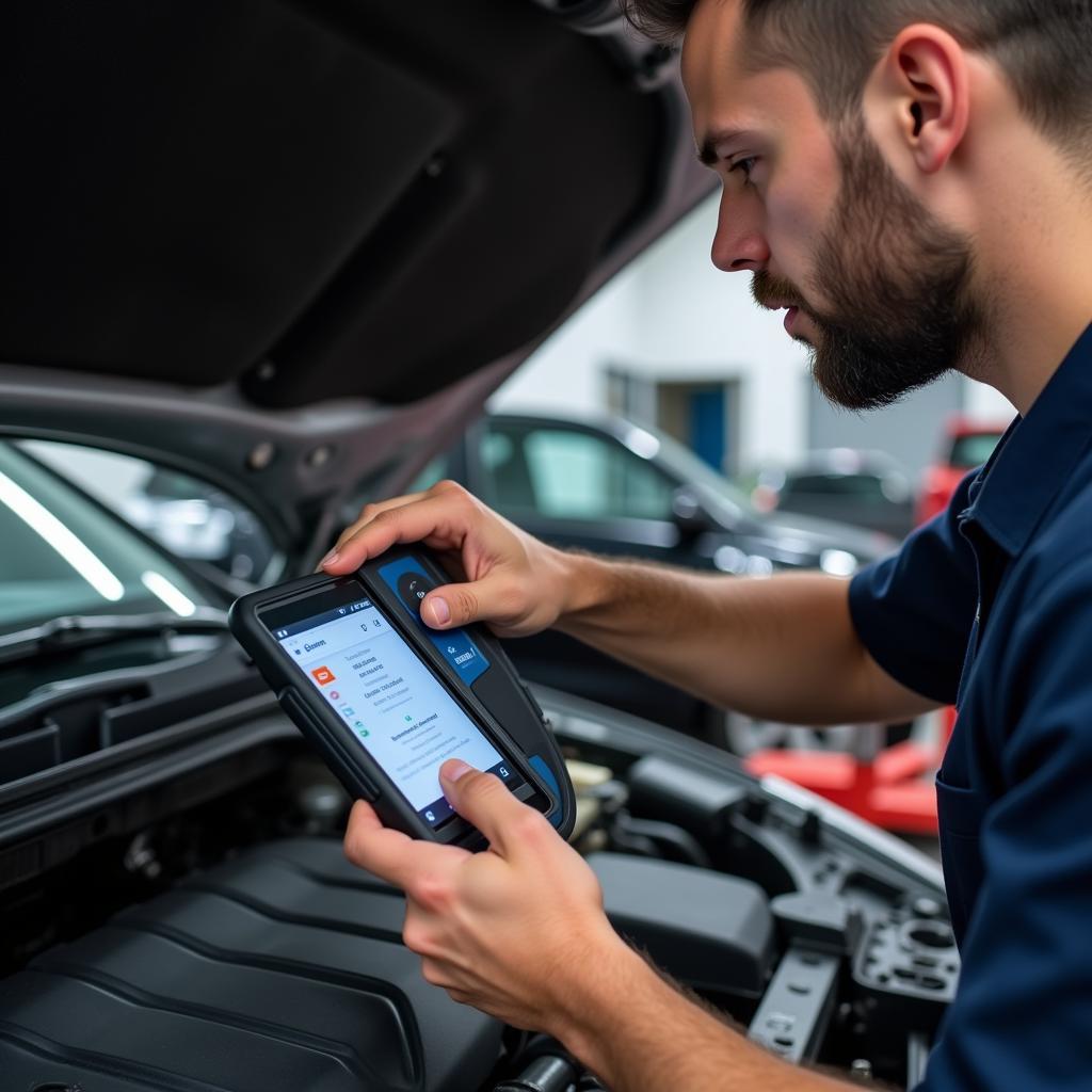 Mechanic Using a Diagnostic Tool on a Vehicle