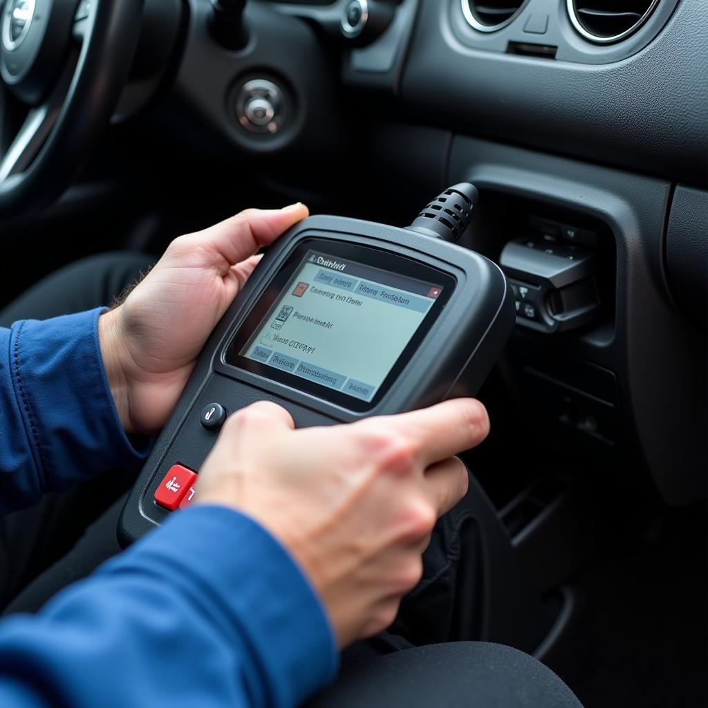 Mechanic Using Diagnostic Tool on Car