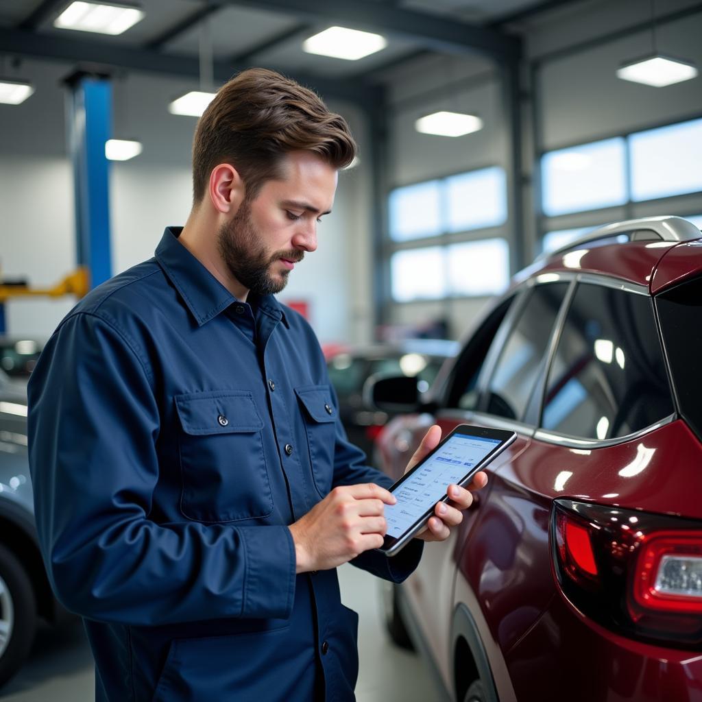 Mechanic Using Digital Service Log on Tablet