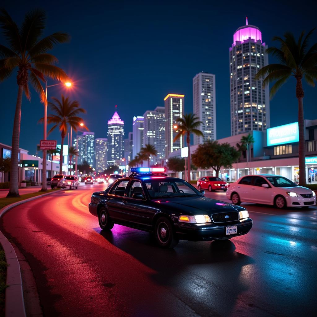 Car service driving through downtown Miami at night