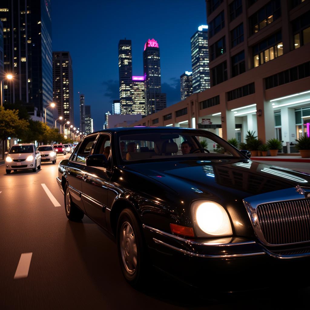 Car service navigating downtown Miami at night