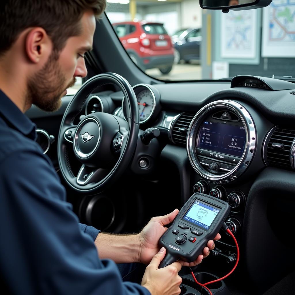 A mechanic working on a Mini Cooper's electrical system in North Branford, CT.