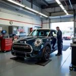 Mini Cooper being serviced at a specialized shop in North Branford, CT